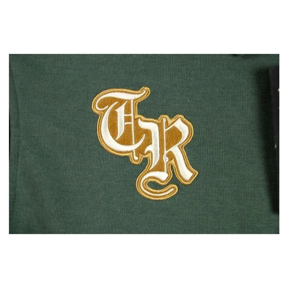 NWT True Religion Collared Patch Fleece Varsity Jacket, green/ black sz Medium